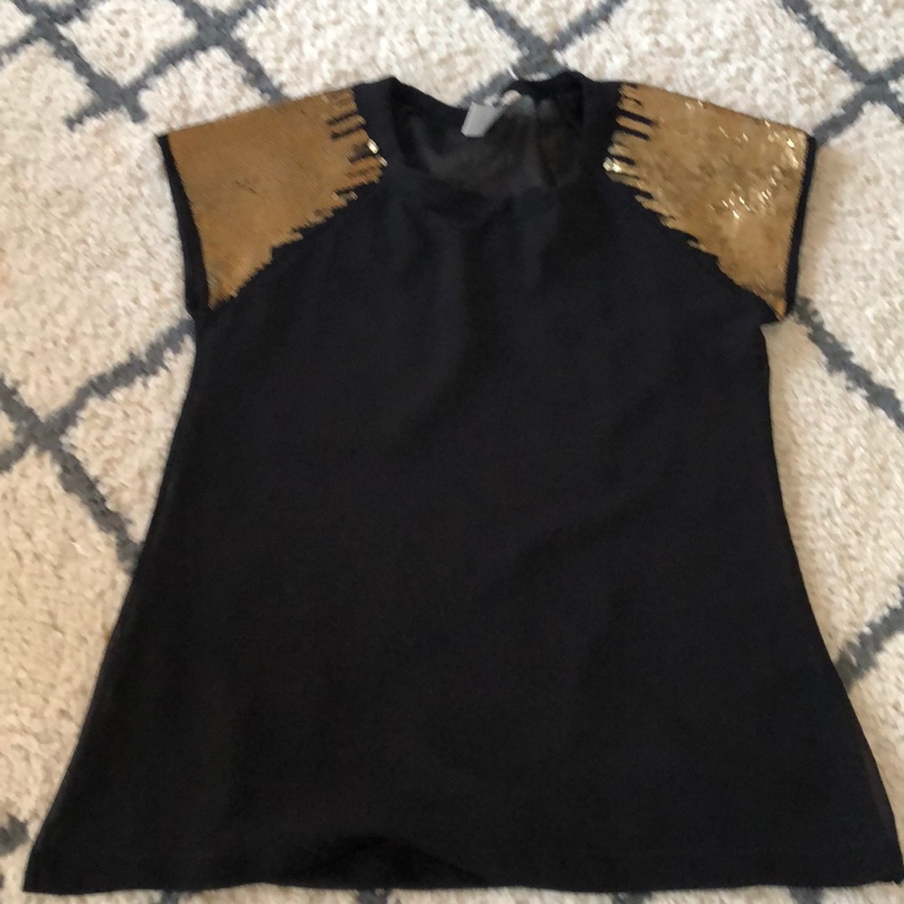 Black sheer top with sequin gold shoulder